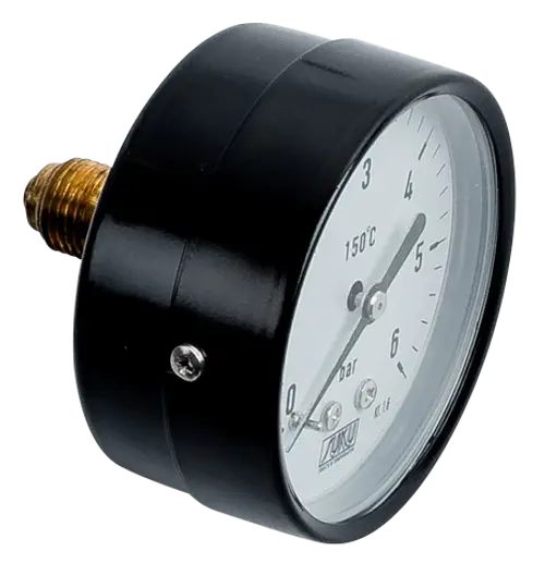 Manometer mit schwarzem Gehäuse und transparentem Ziffernblatt. Druckskala bis 6 bar, geeignet für Anwendungen von Wolf. Anschlussgewinde aus Messing.